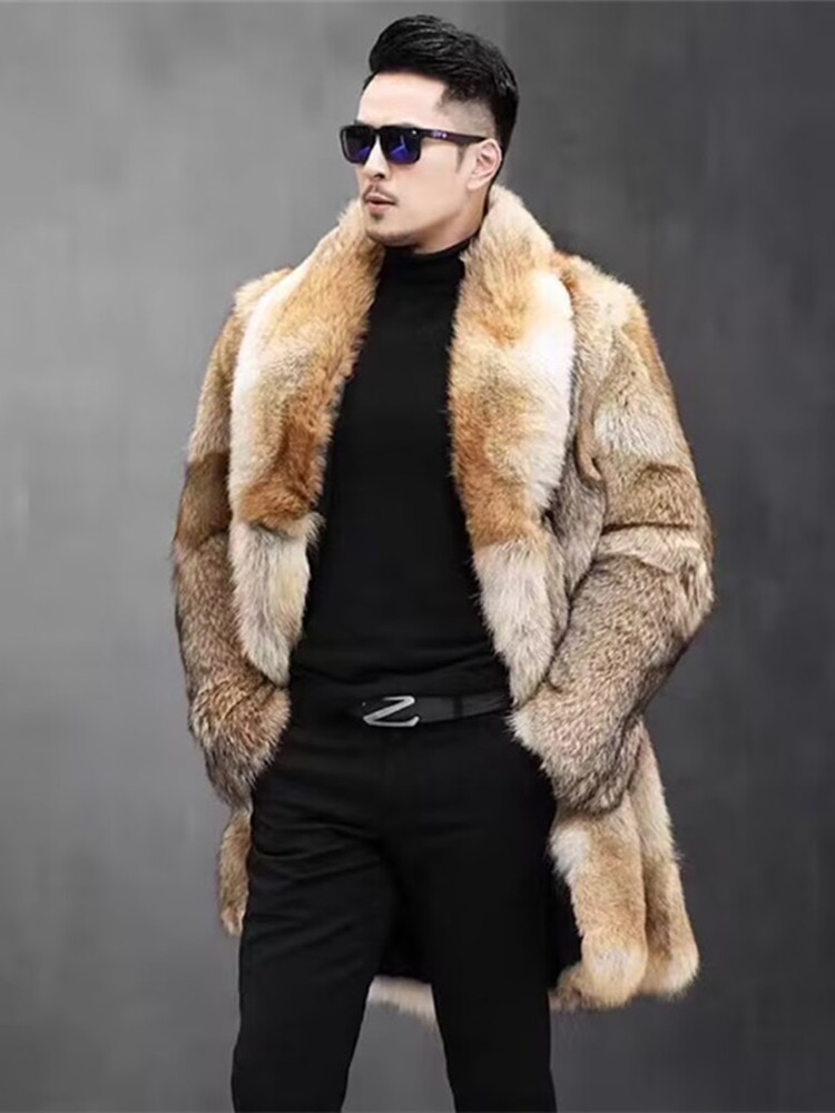 2025 Winter New Faux Wolf Fur Overcoat Trench Long Fashion Men's Business Lapel Thick V-neck