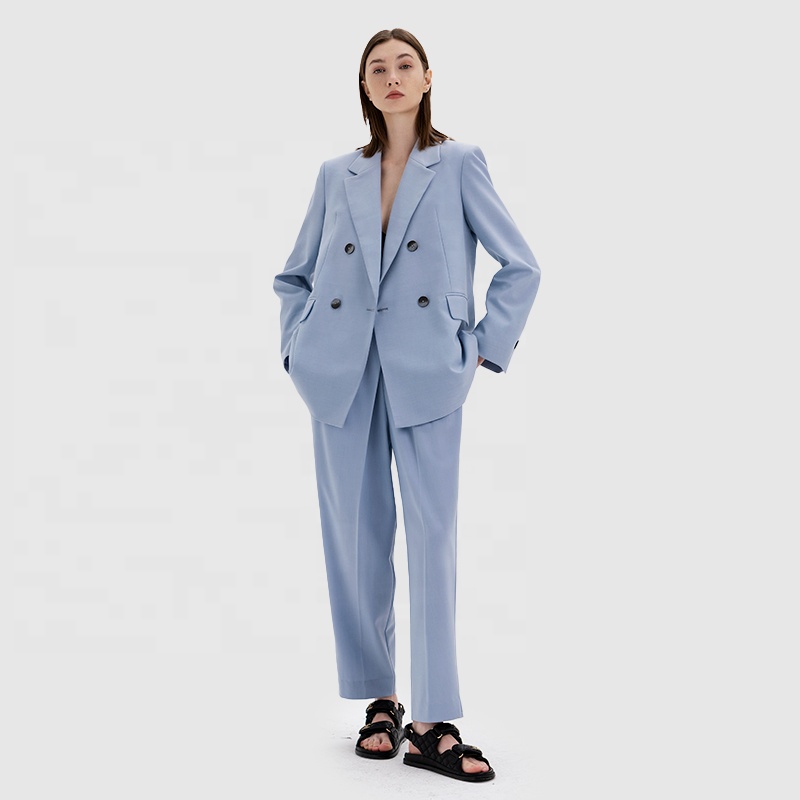 Office Business Two-Piece Suits Wide-Leg Pant Loose Light Blue Blazer Set for Women