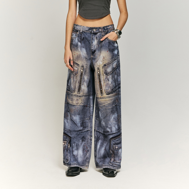 QUICKSHOW Stock Digital Printing Denim Jeans Customize Label Women Wide Leg Y2K 100% Cotton Brand Baggy Jeans Men