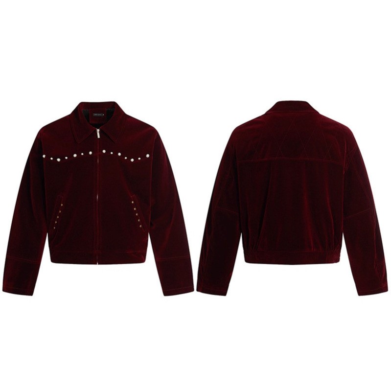 Retro Design Rivet Pearl Embellished Lapel Jacket, Loose Casual Versatile Outerwear, Spring Autumn Soft Elegant Style