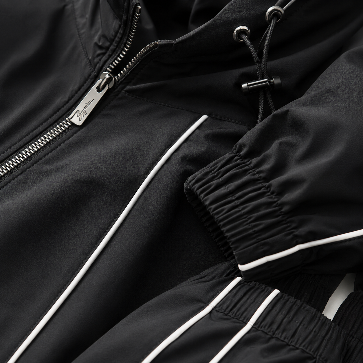 Custom Men Plus Size Printed Black Nylon Shell Windbreaker Tracksuit Set Hoodie Jacket Wide Leg Pants White Piping Streetwear