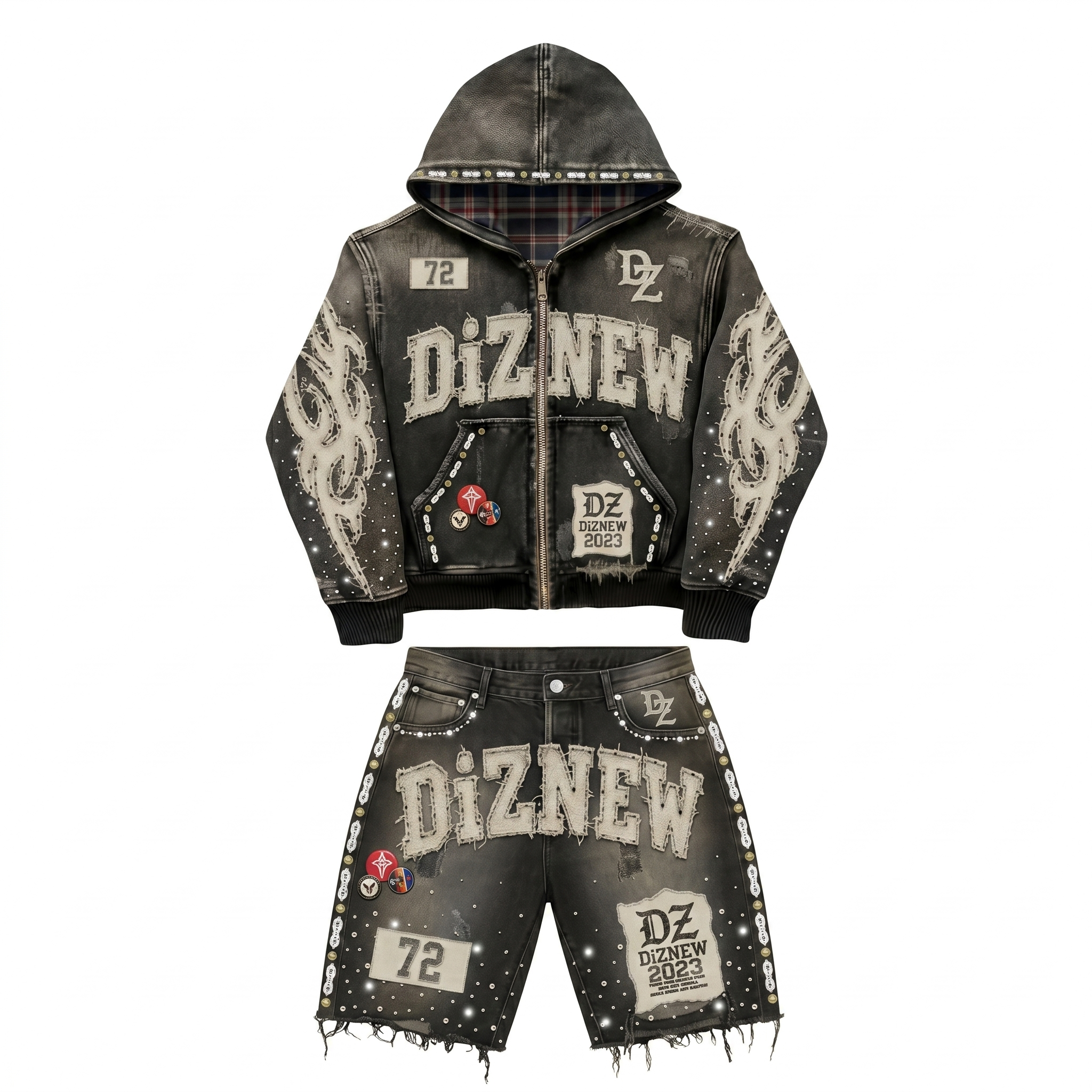 DiZNEW Knit Set Customizable Embroidered Patch Mens Premium Vintage Damage Rhinestone Shorts Sets Jeans Set for Men