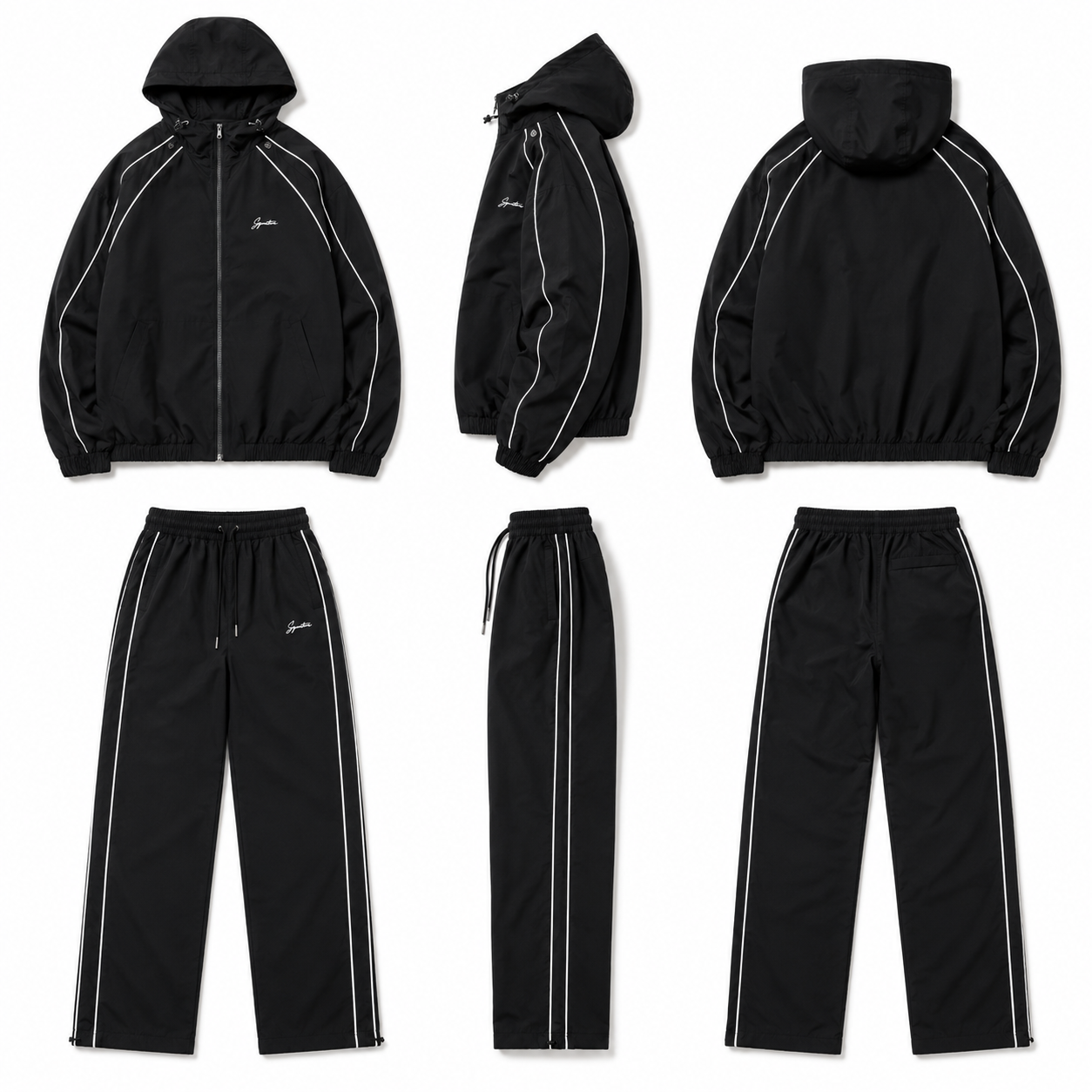 Custom Men Plus Size Printed Black Nylon Shell Windbreaker Tracksuit Set Hoodie Jacket Wide Leg Pants White Piping Streetwear