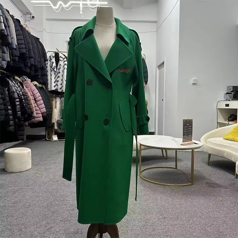 Wholesale Women's Green Wool Trench Coat Single-Breasted French Style with Fur Solid Color Loose Leisure Winter Fashion Overcoat