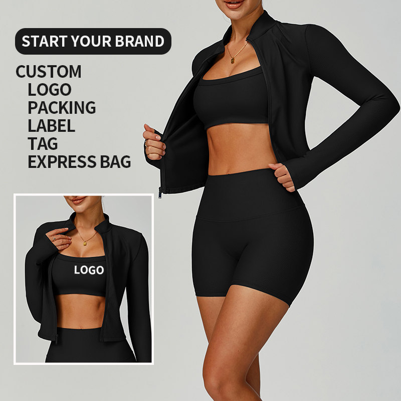 Women's 3 Piece Ribbed Seamless Workout Set - Long Sleeve Zip Up Jacket Sports Bra High Waisted Shorts Yoga Gym Tracksuit