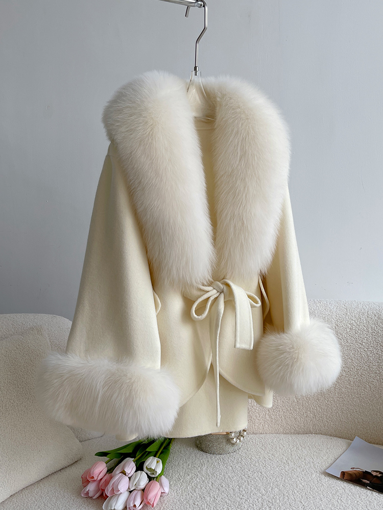 2026 Double-Sided Belt Closure Durable and Stylish Winter Women's Mid-Length Wool Overcoat with Fox Fur