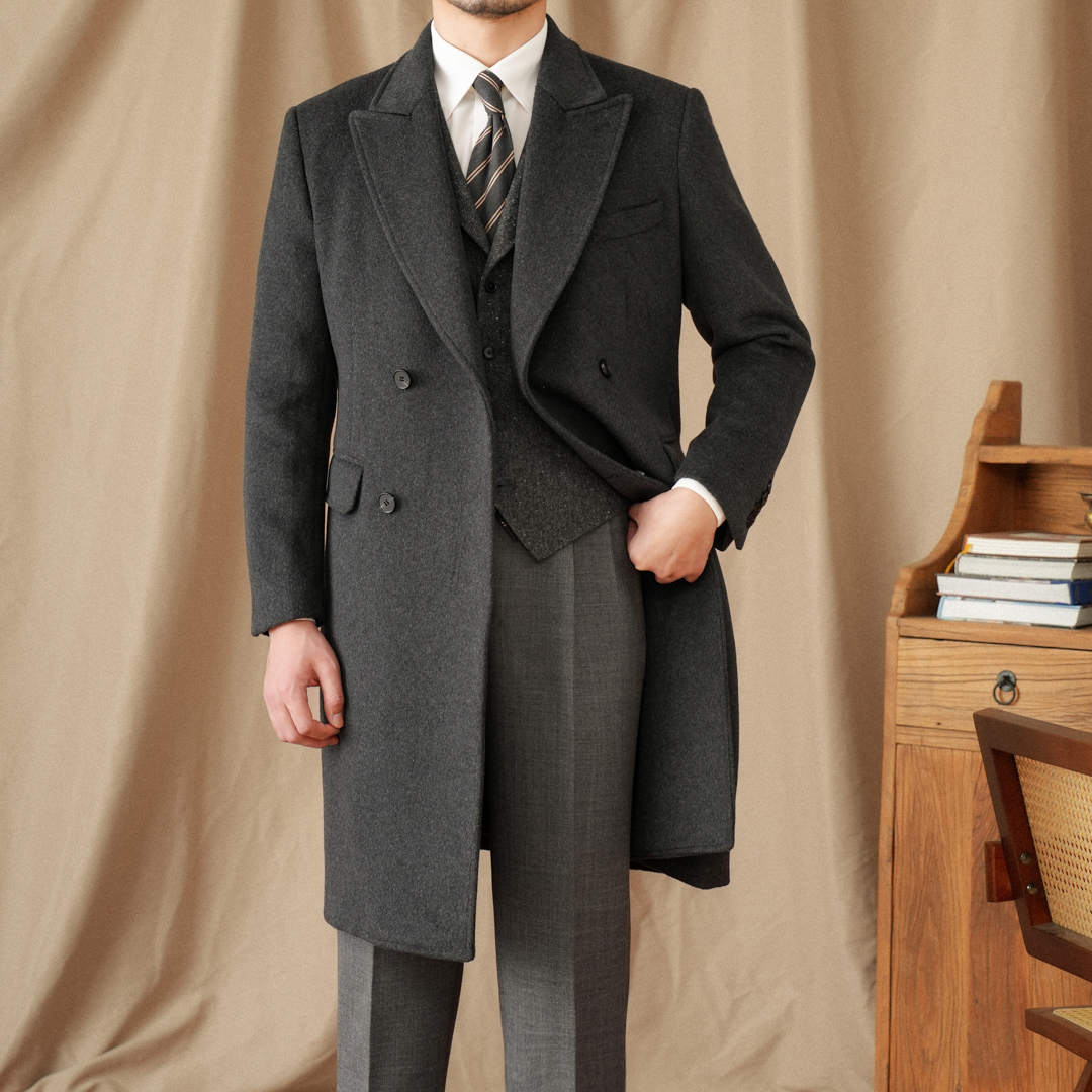 Gentry Woolen Double-Breasted Mid-Length Coat Jacket British Italian Winter Style with Long Closure