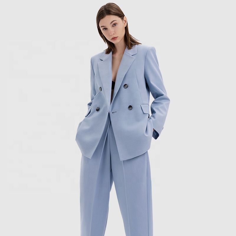 Office Business Two-Piece Suits Wide-Leg Pant Loose Light Blue Blazer Set for Women