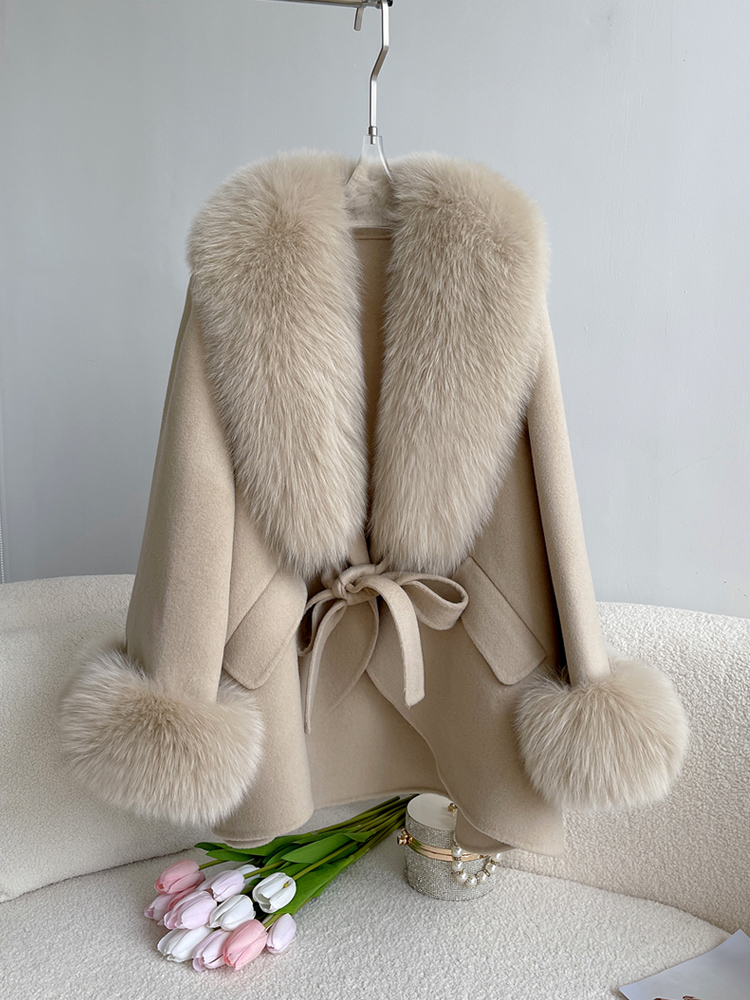 2026 Double-Sided Belt Closure Durable and Stylish Winter Women's Mid-Length Wool Overcoat with Fox Fur
