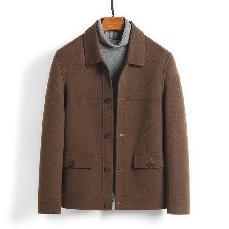 Men's Luxury 100% Wool Double-Faced Jacket, Hand-Finished Short Safari Coat, Premium Olive Green Utility Flap Pocket Outerwear