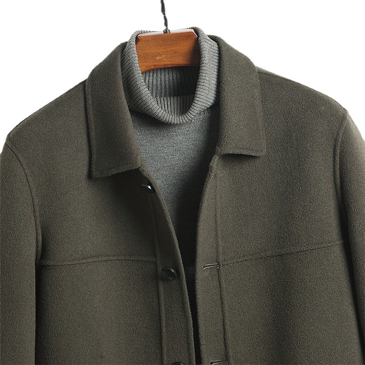 Men's Luxury 100% Wool Double-Faced Jacket, Hand-Finished Short Safari Coat, Premium Olive Green Utility Flap Pocket Outerwear