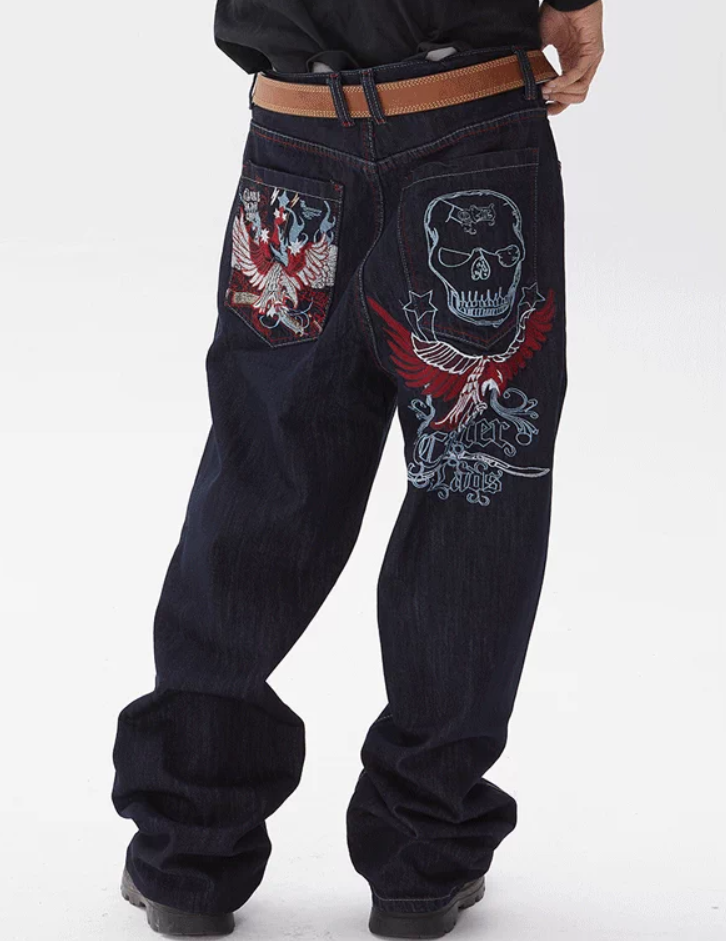American Street Vintage 90s Multi-needle Embroidered Hip-hop Loose Mid-rise Denim Long Pants Winter Autumn ODM Cotton Knitted