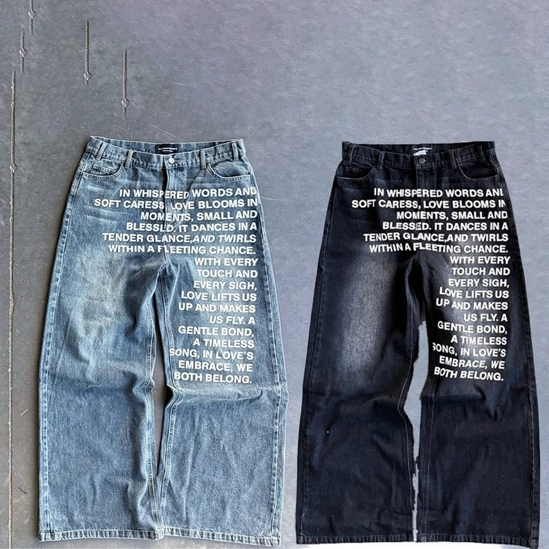 Men's Custom Print Jeans Baggy Denim Streetwear Graphic All Over Printing Straight-leg Hip Hop Vintage Printed Jeans Men