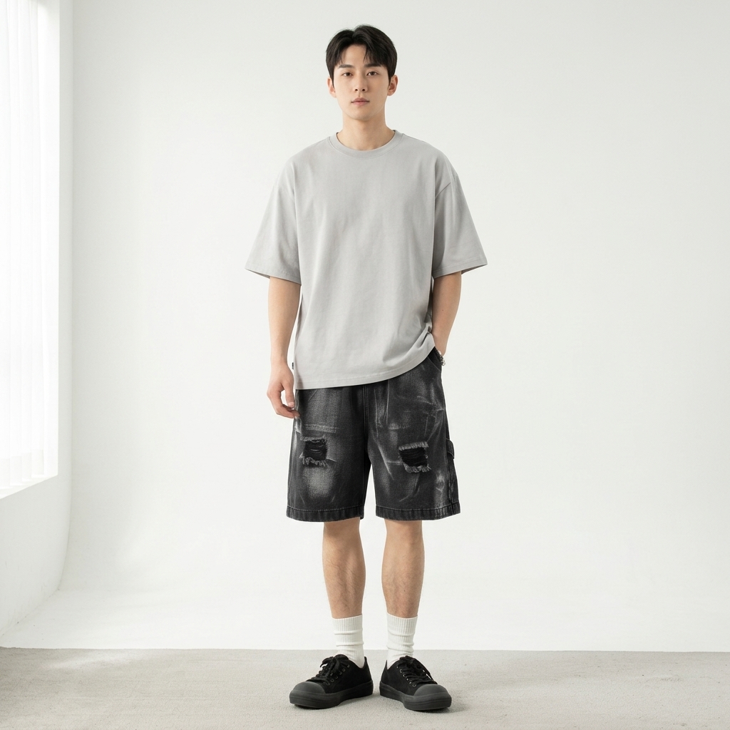 Vintage Mid-rise Straight-leg Men's Jeans. Summer Lightweight Hip-hop Casual Loose Pleated Design. Damaged-looking 100% Cotton
