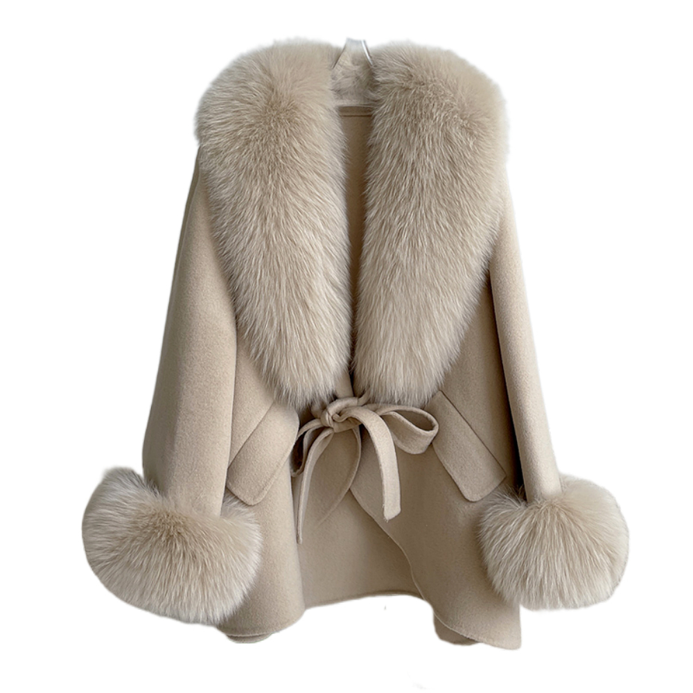 2026 Double-Sided Belt Closure Durable and Stylish Winter Women's Mid-Length Wool Overcoat with Fox Fur