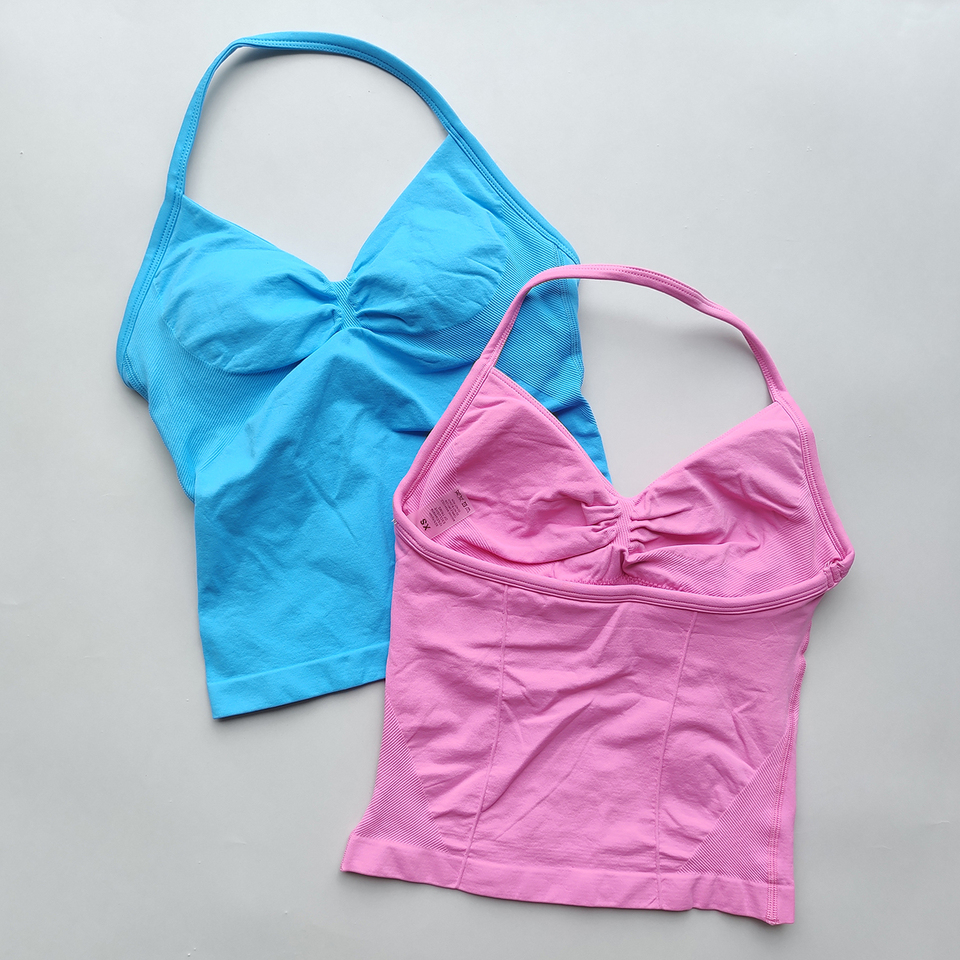 ARFTE Women's Gym Top Longline Strappy Backless Seamless Recyclable Gym Clothes Scrunch Built-In Bra Removable Cups Yoga Tank