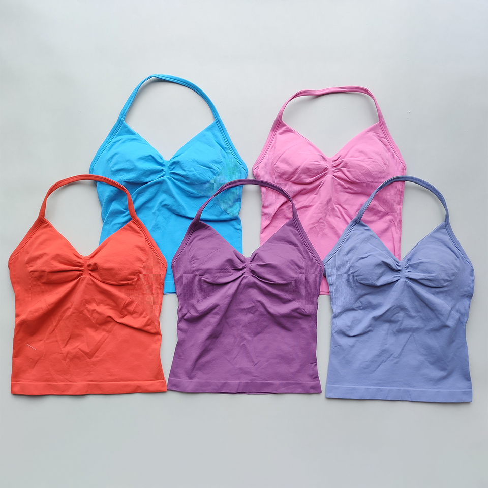 ARFTE Women's Gym Top Longline Strappy Backless Seamless Recyclable Gym Clothes Scrunch Built-In Bra Removable Cups Yoga Tank