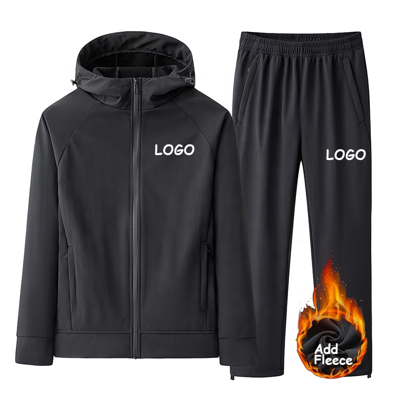 Men's Fleece Running Hiking Rain Hooded Jacket Outdoor Camping Climbing Cycling Suit Quick Dry Rain Jacket Windbreaker Suit