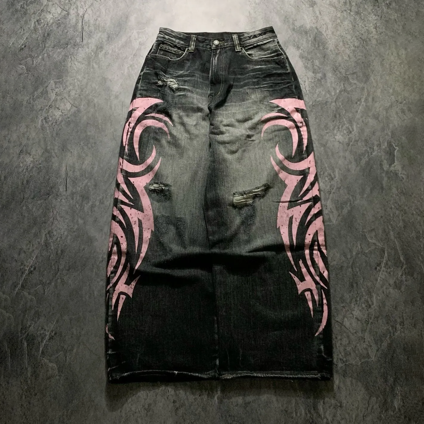 Custom Supplier OEM Mens Y2K Vintage Print Distressed Jeans Washed Wide Leg Denim Pants Streetwear Style
