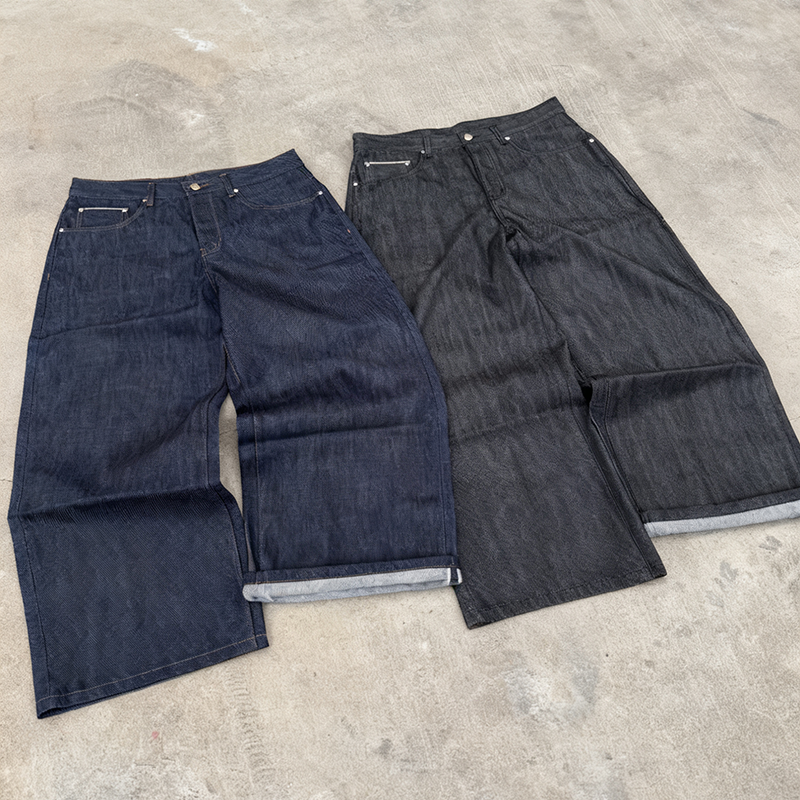 EDGE DENIM Black Custom Wide Leg Baggy Fit Japanese Selvedge Raw Denim Jeans Men
