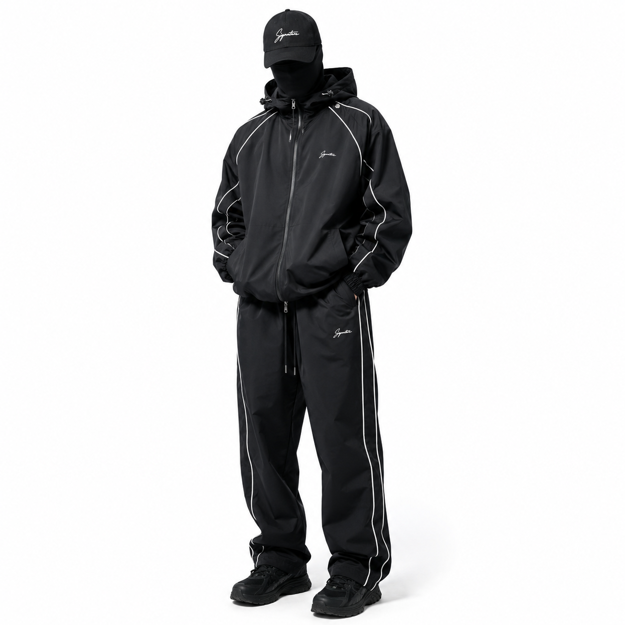 Custom Men Plus Size Printed Black Nylon Shell Windbreaker Tracksuit Set Hoodie Jacket Wide Leg Pants White Piping Streetwear