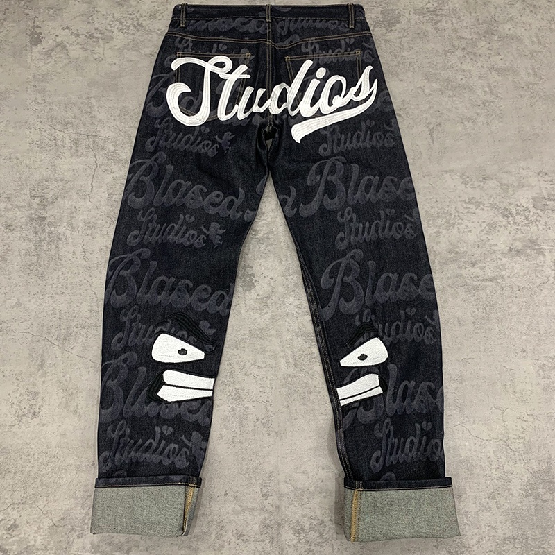 Detail view of Japanese loose cargo jeans hem