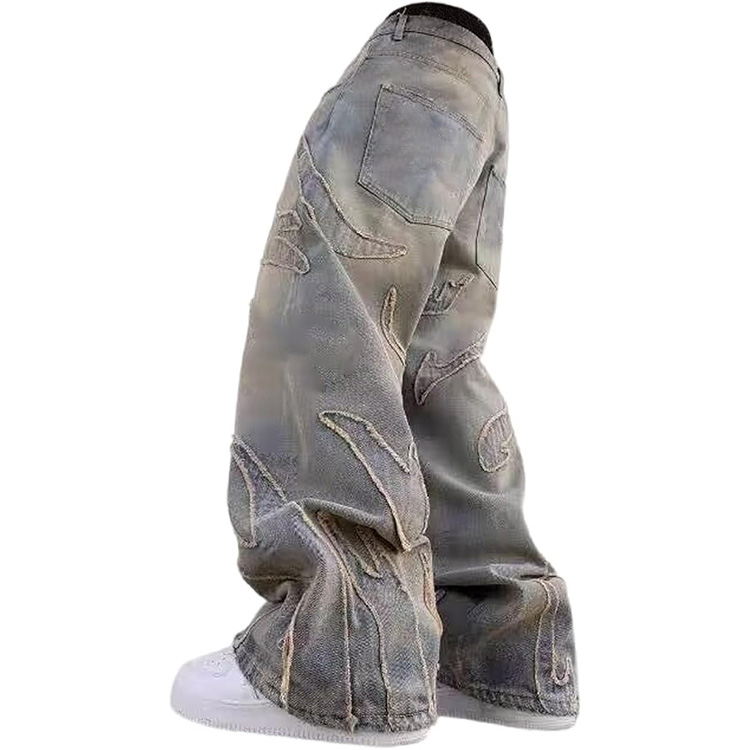 Custom Vintage Wide Leg Pants Flame Applique Embroidery Baggy Denim Pants Men Washed Distressed Gothic Street Wear Jeans Pants