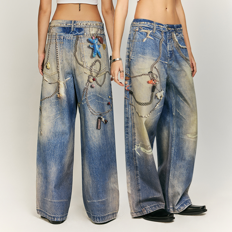 QUICKSHOW Stock Digital Printing Denim Jeans Customize Label Women Wide Leg Y2K 100% Cotton Brand Baggy Jeans Men