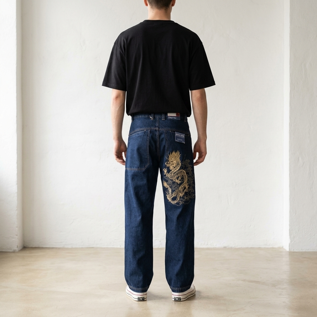 American Retro Street Skateboarding Classic 90s HIP-HOP Dance BBOY Style. Breathable Washed Embroidery Loose Fit Jeans. Long