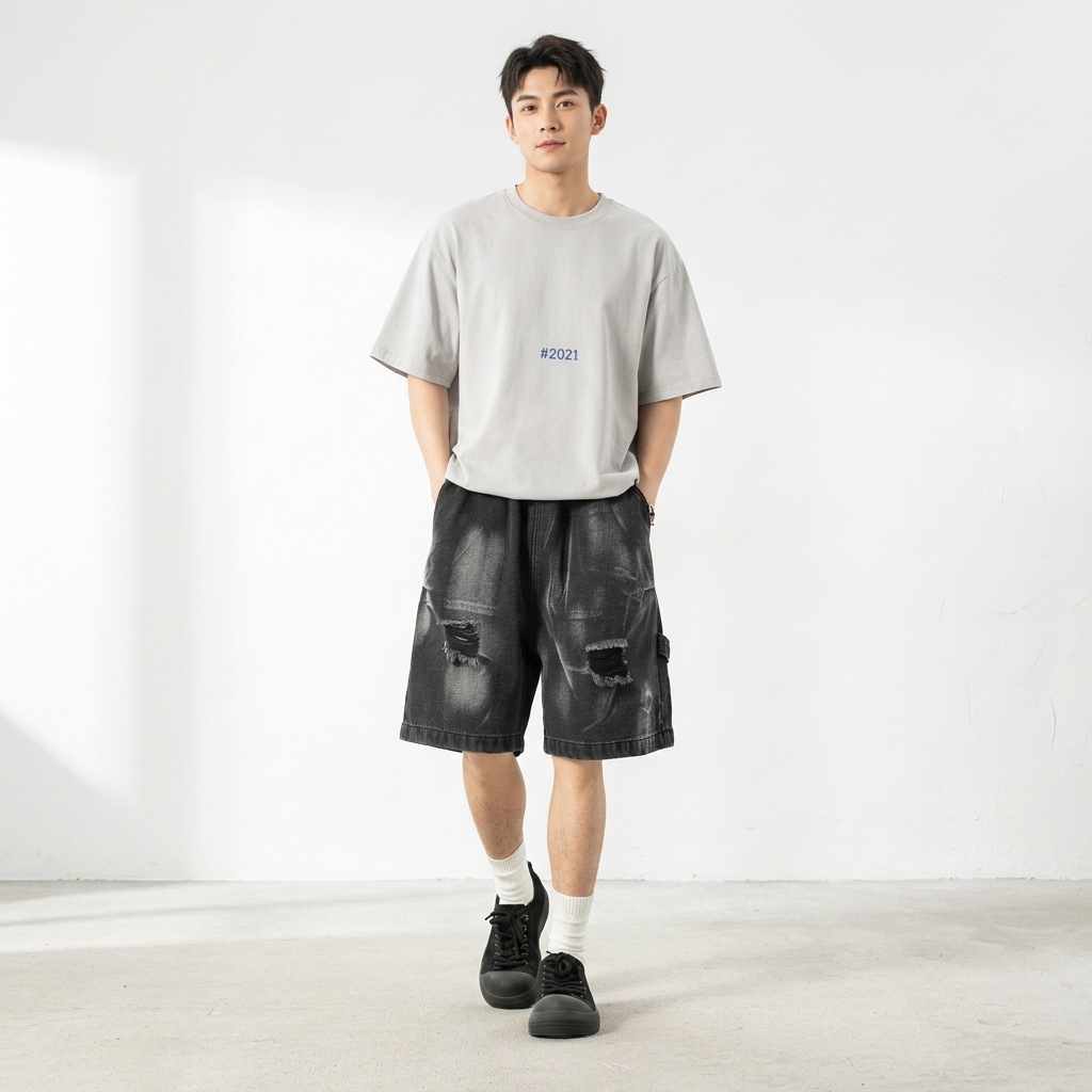 Vintage Mid-rise Straight-leg Men's Jeans. Summer Lightweight Hip-hop Casual Loose Pleated Design. Damaged-looking 100% Cotton