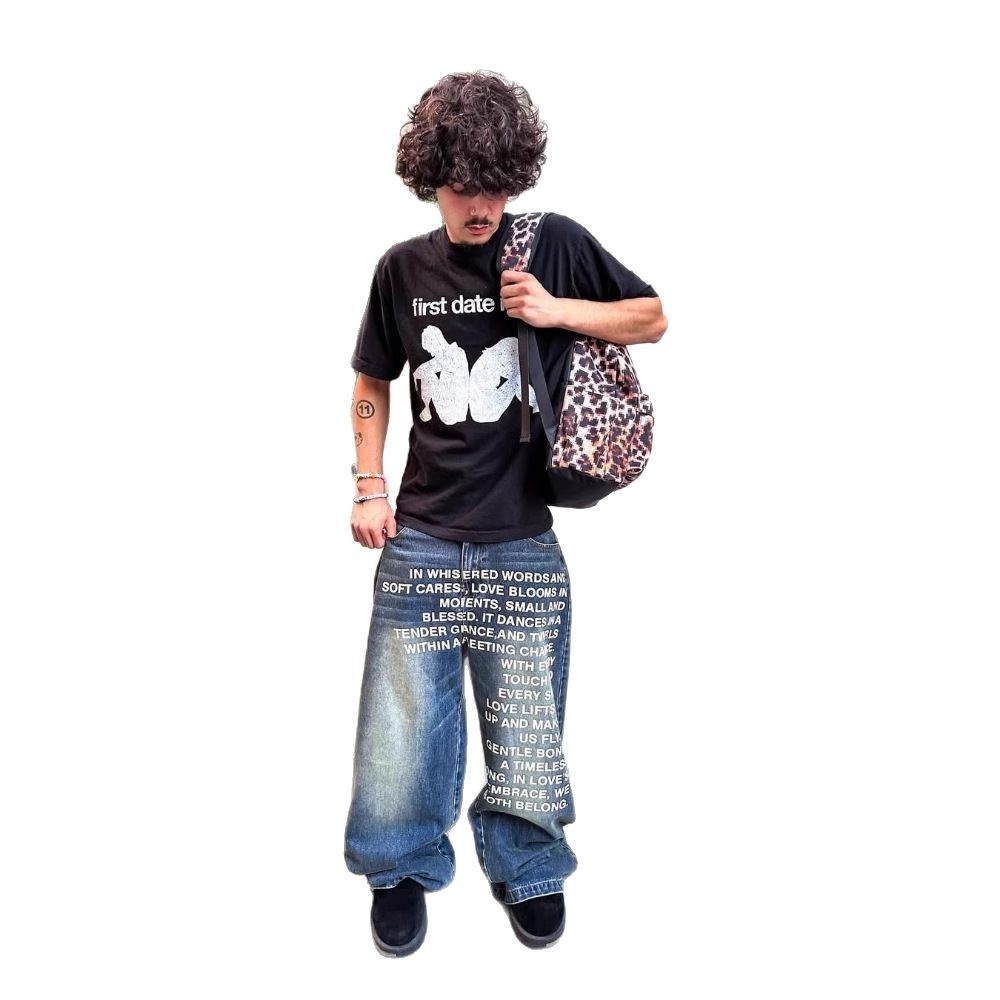 Men's Custom Print Jeans Baggy Denim Streetwear Graphic All Over Printing Straight-leg Hip Hop Vintage Printed Jeans Men