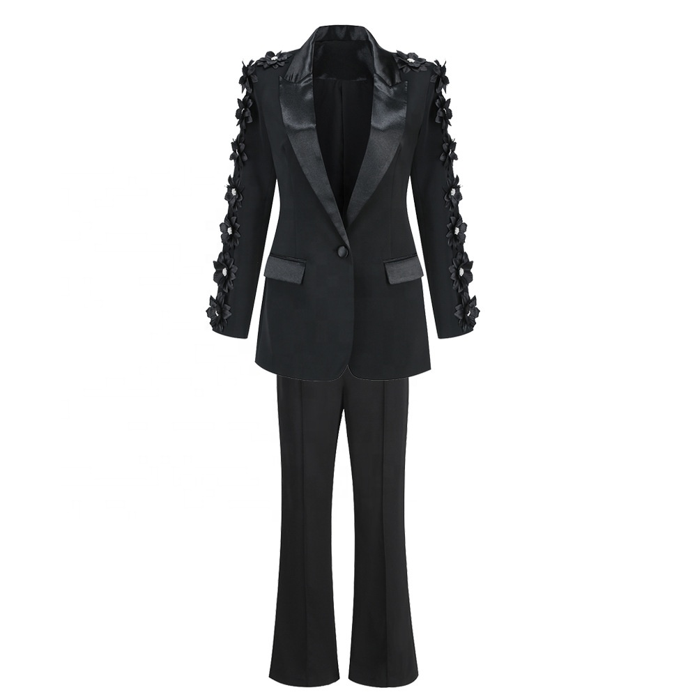 AIMEISI Unique Women Clothing Handmade Irregular Flower Decoration Suit 2 Piece Set Formal Women's Suits &amp; Blazers