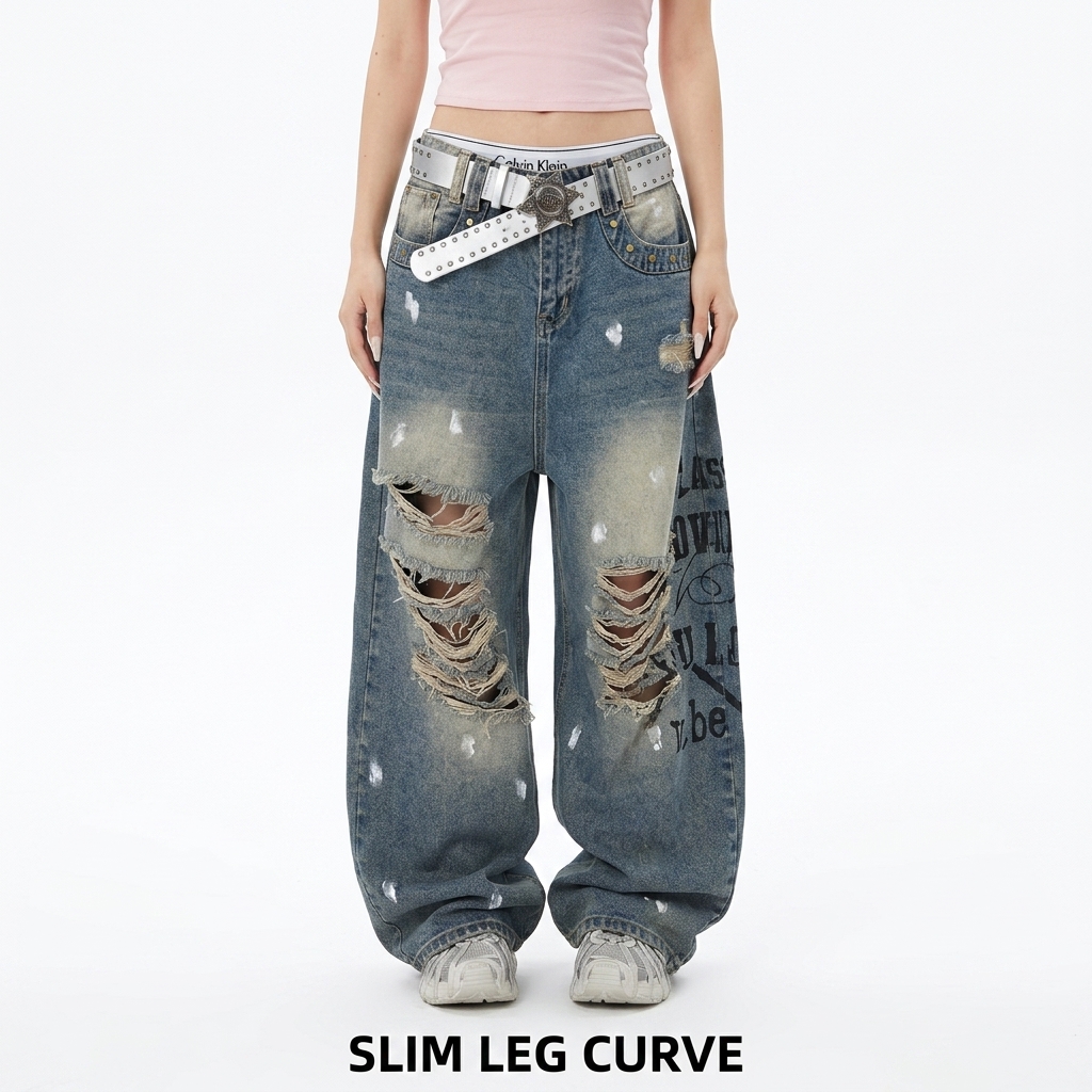 Women's Y2K Baggy Ripped Jeans Oversized Wide Leg Denim Pants Graffiti Print Streetwear Vintage Washed Distressed High