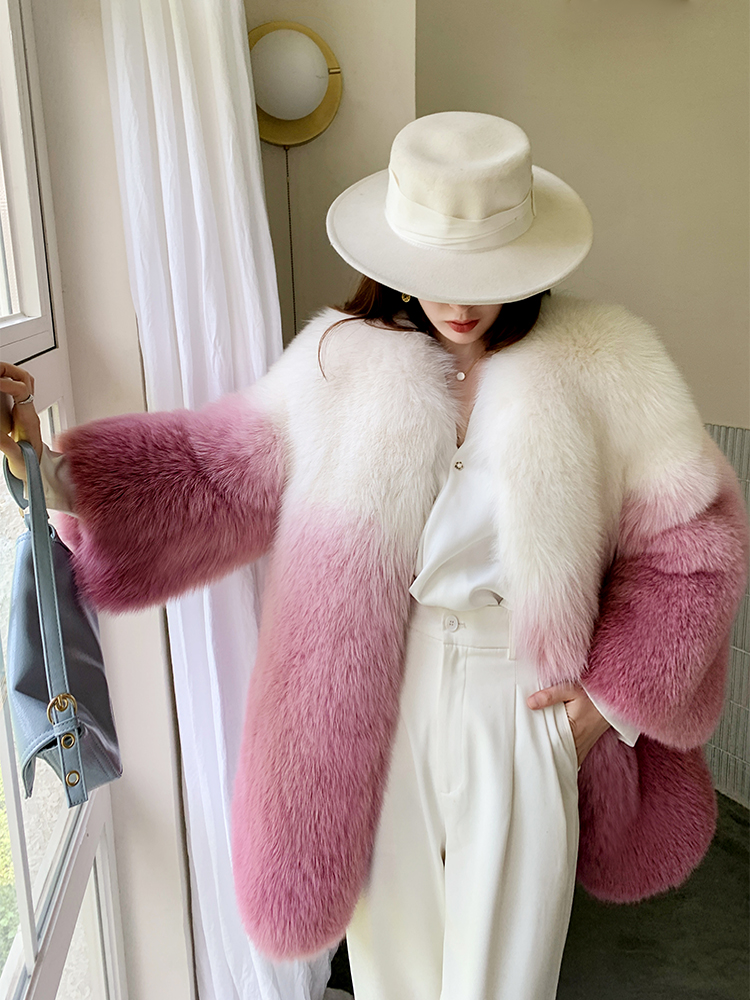 YY21105 New Arrival Fashion Full Pelt Real Natural Fox Fur Overcoat Real Fur Gradient Coats