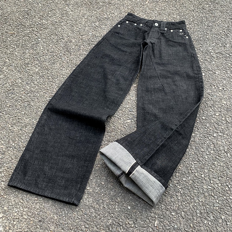 EDGE DENIM Black Custom Wide Leg Baggy Fit Japanese Selvedge Raw Denim Jeans Men