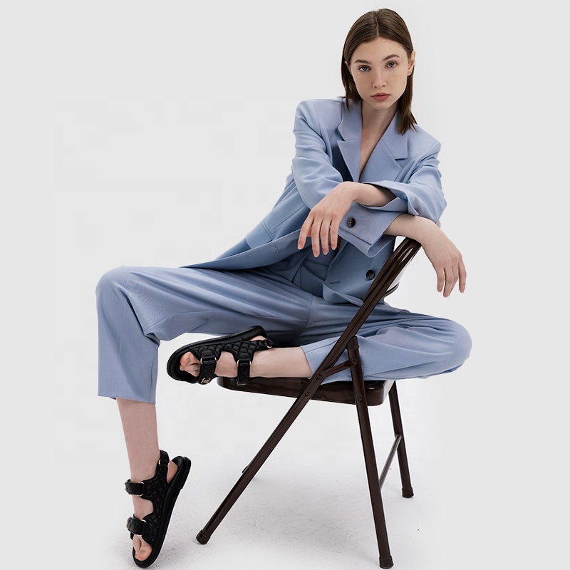 Office Business Two-Piece Suits Wide-Leg Pant Loose Light Blue Blazer Set for Women