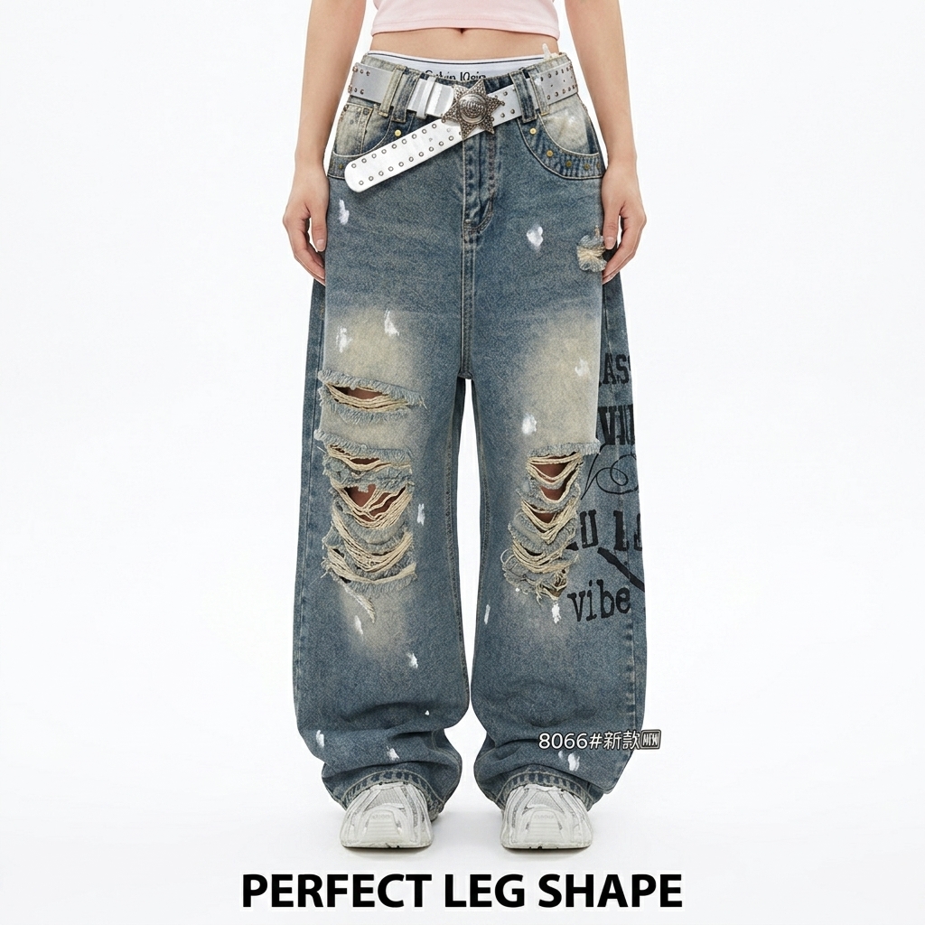Women's Y2K Baggy Ripped Jeans Oversized Wide Leg Denim Pants Graffiti Print Streetwear Vintage Washed Distressed High