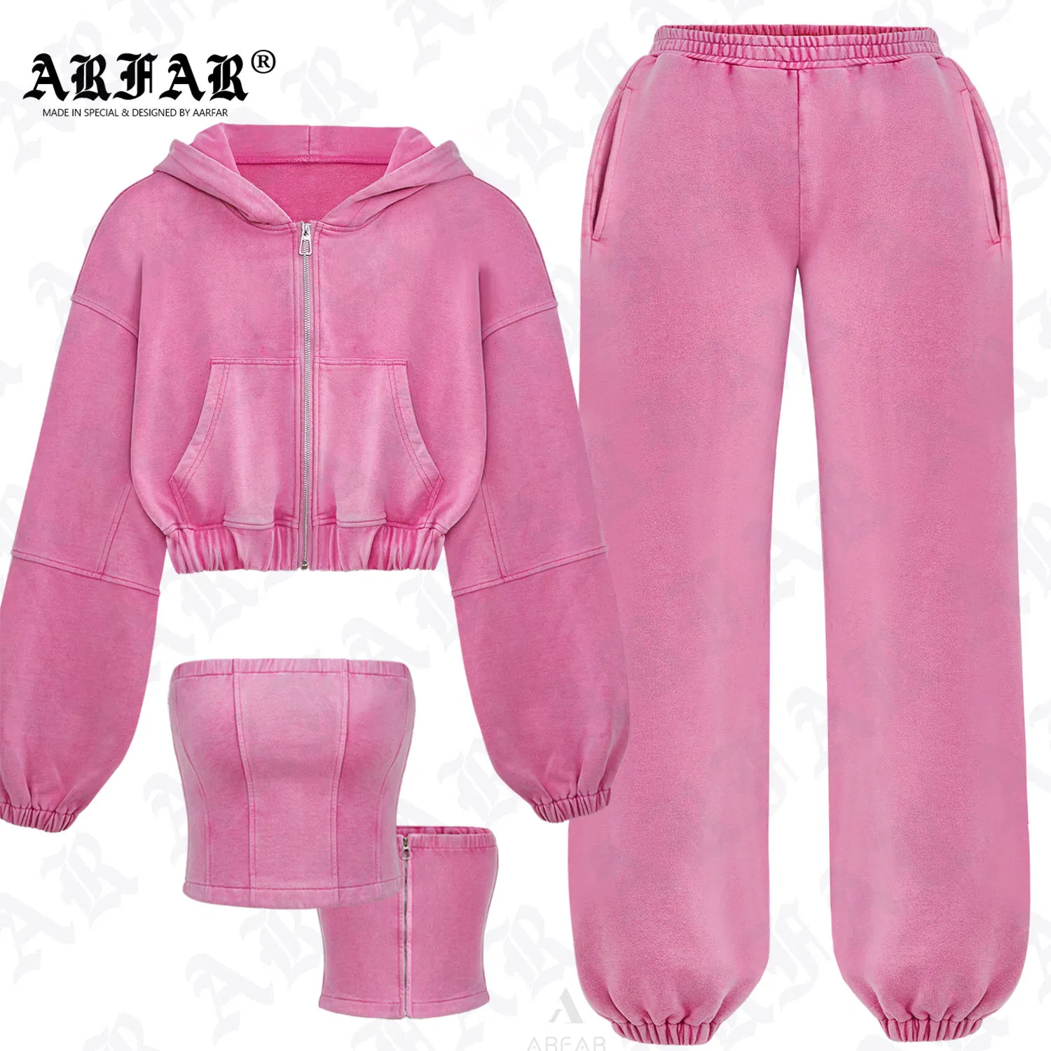 Three Piece Set Women Clothing Vintage Tube Tops Tracksuit Crop Top Hoodie Jogger Set Workout Sets for Women