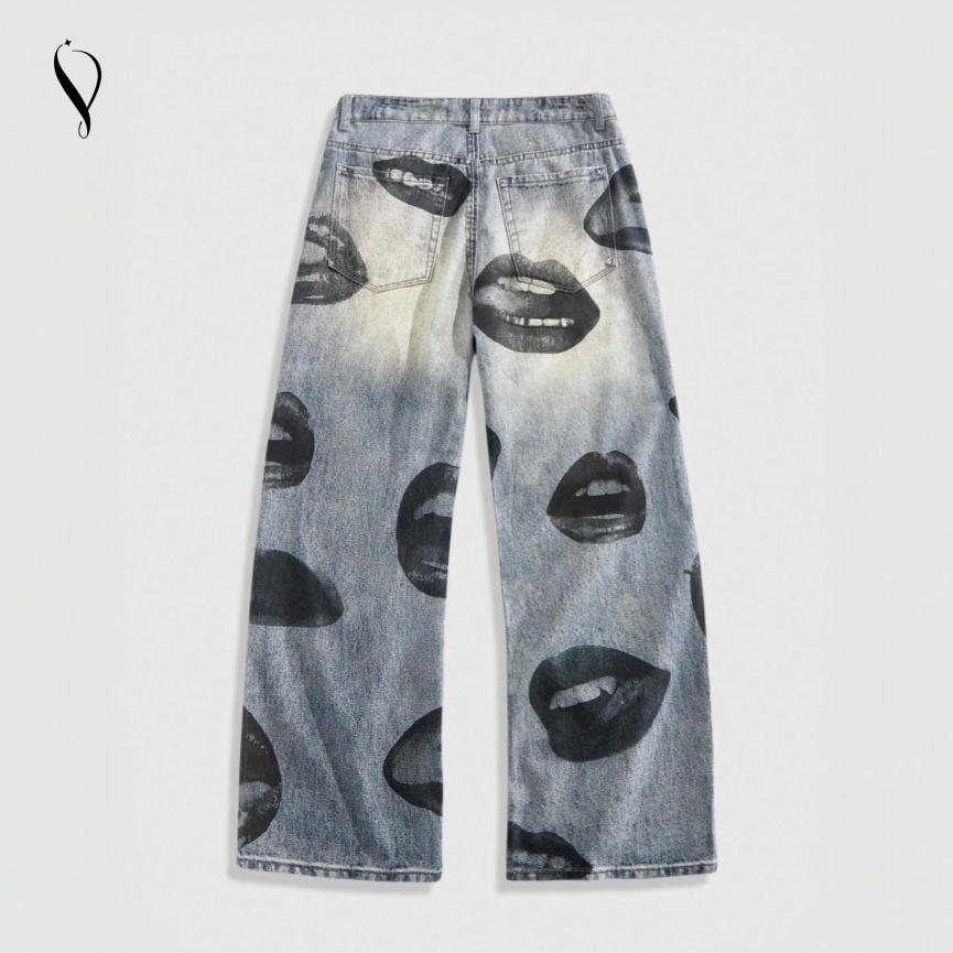 High Street Men's Denim Printed Jeans Punk Casual Style Black White Eco-Friendly Breathable Wide Leg Designer Nightclub