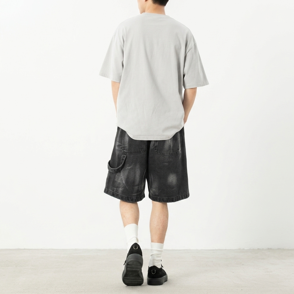 Vintage Mid-rise Straight-leg Men's Jeans. Summer Lightweight Hip-hop Casual Loose Pleated Design. Damaged-looking 100% Cotton