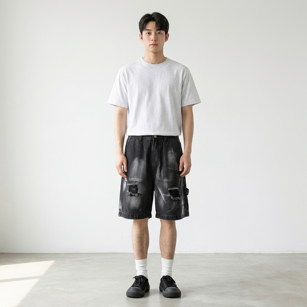 Vintage Mid-rise Straight-leg Men's Jeans. Summer Lightweight Hip-hop Casual Loose Pleated Design. Damaged-looking 100% Cotton