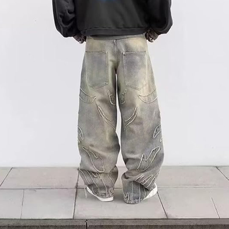 Custom Vintage Wide Leg Pants Flame Applique Embroidery Baggy Denim Pants Men Washed Distressed Gothic Street Wear Jeans Pants