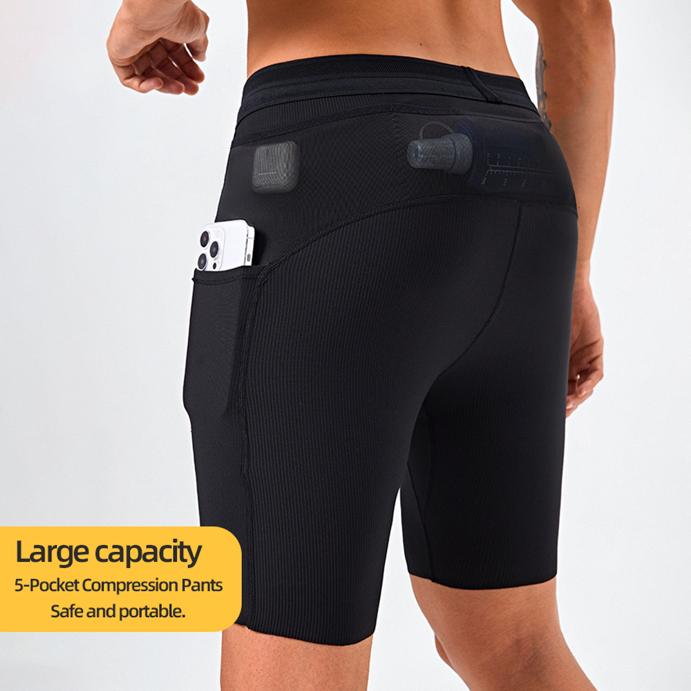 Men Compression Leggings Quick Dry Basketball Running Tights Knee Length Skinny Fit Gym Workout Sports Pants With Pocket