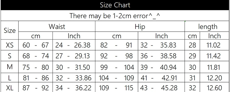 Custom Logo Yoga Shorts Size Chart
