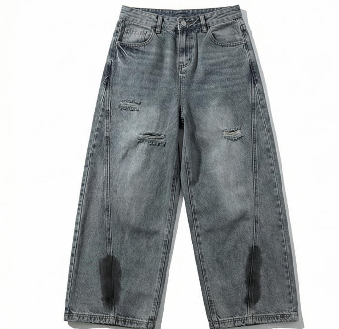 WangSheng Light Washed Distressed High Waist Wide Leg Jeans Formal Denim Pants Polyester/Cotton Men