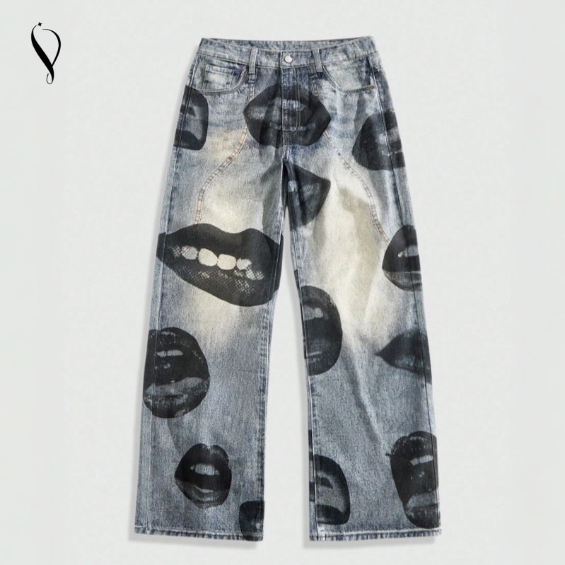 High Street Men's Denim Printed Jeans Punk Casual Style Black White Eco-Friendly Breathable Wide Leg Designer Nightclub