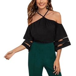 Fashion Style Contrast Mesh Cold Shoulder