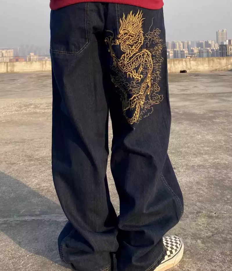American Retro Street Skateboarding Classic 90s HIP-HOP Dance BBOY Style. Breathable Washed Embroidery Loose Fit Jeans. Long