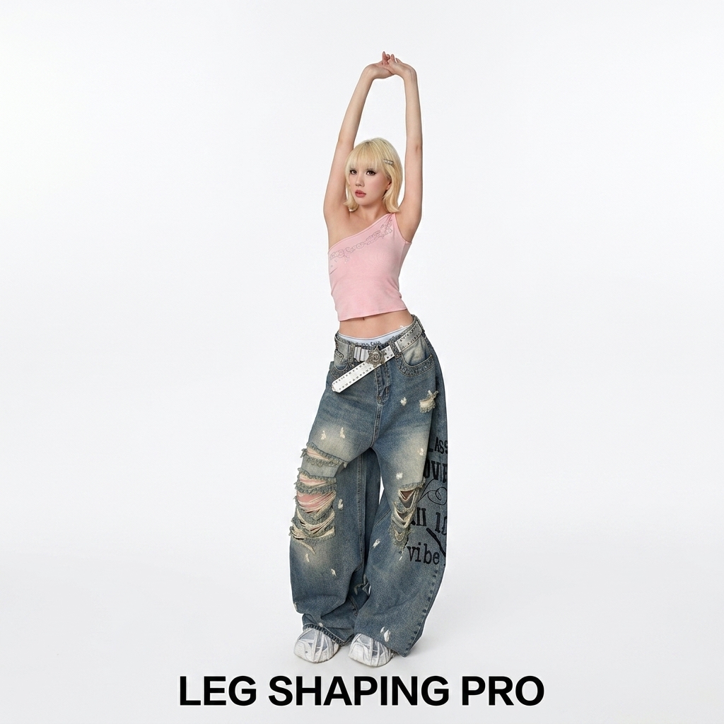 Women's Y2K Baggy Ripped Jeans Oversized Wide Leg Denim Pants Graffiti Print Streetwear Vintage Washed Distressed High