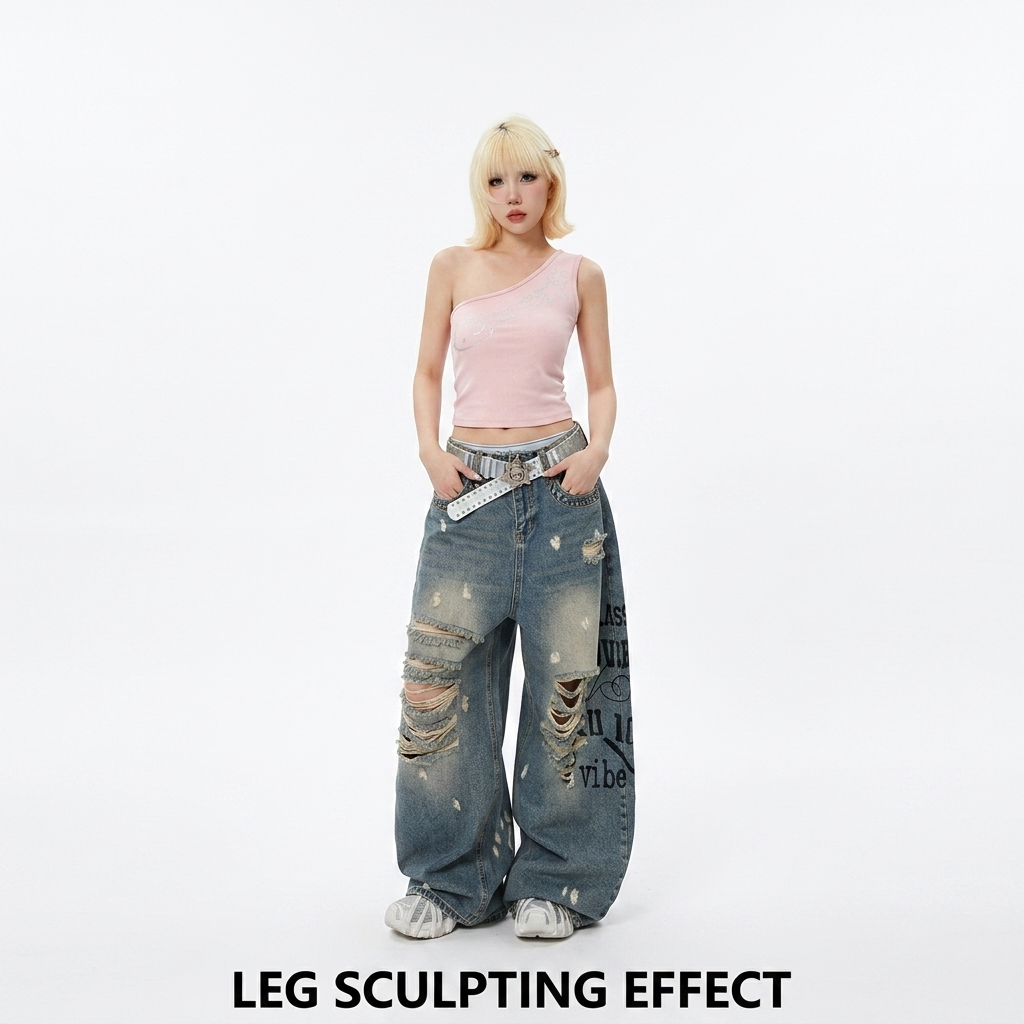 Women's Y2K Baggy Ripped Jeans Oversized Wide Leg Denim Pants Graffiti Print Streetwear Vintage Washed Distressed High